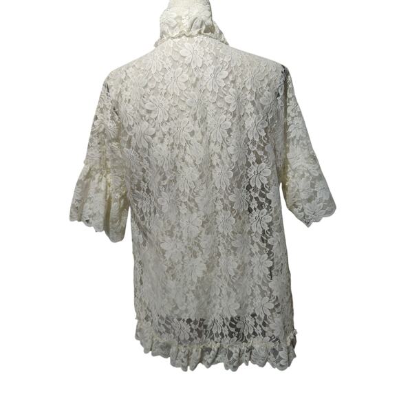 Vintage Women's Sz M Lady Cameo Ivory Lace Bed Jacket Short Robe Ruffle Trim - Picture 7 of 7